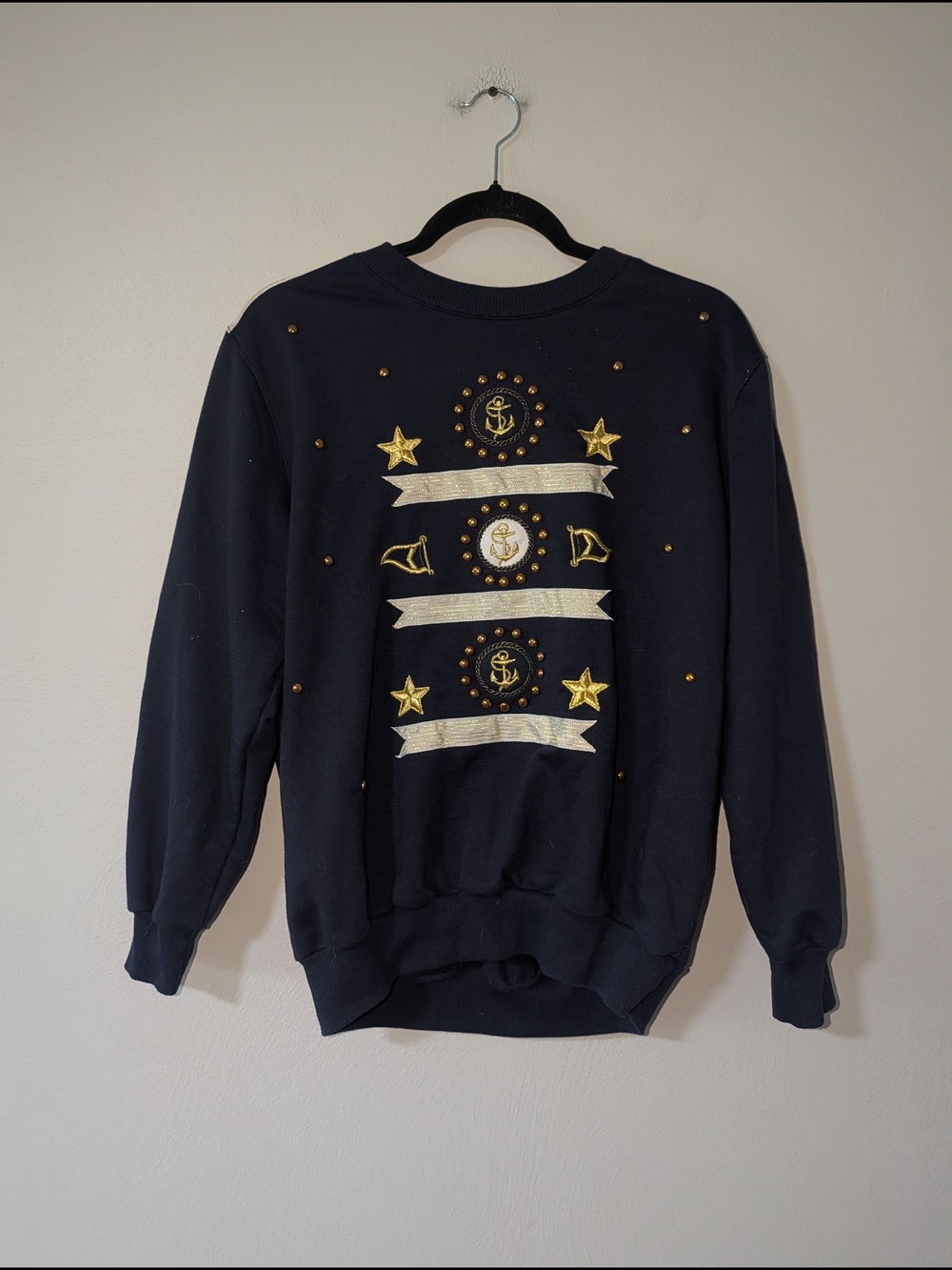 M Alfred Dunner Vintage Navy Crewneck Sweater with Gold Embellishments